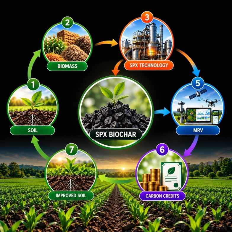 SPX BioChar 7-step cycle: soil, biomass, SPX technology, MRV, carbon credits and improved soil