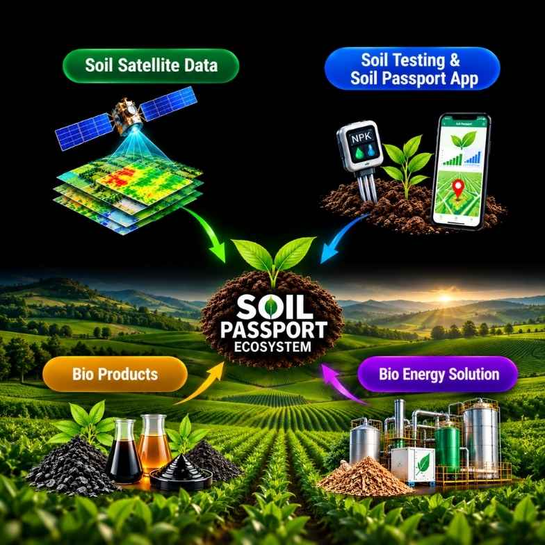 Soil Passport ecosystem diagram: soil satellite data and soil testing app feeding into the Soil Passport ecosystem, producing bio products and bioenergy solutions